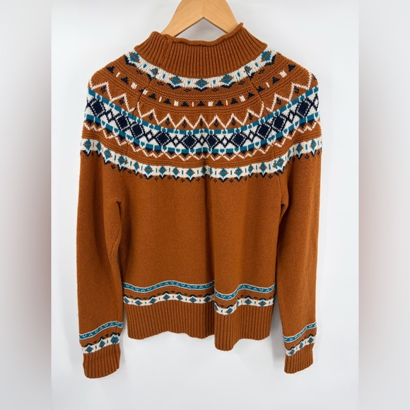 J.Crew women’s rollneck fair isle lambs wool sweater burnt orange turquoise sz L - Picture 4 of 4